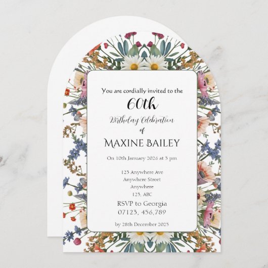 Elegant Personalised Floral Arch 60th Birthday Einladung (Vorne/Hinten)