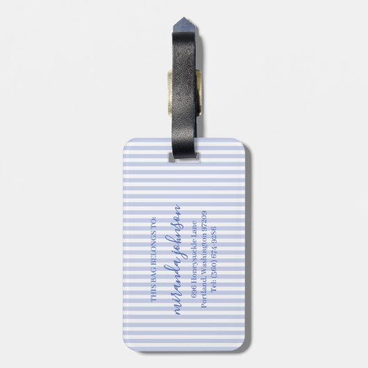 Elegant Personalized Monogram Blue Stripe Gepäckanhänger (Rückseite vertikal)