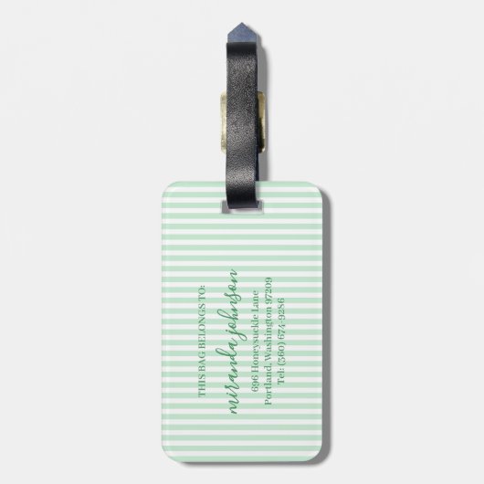 Elegant Personalized Monogram Green Stripe Gepäckanhänger (Rückseite vertikal)