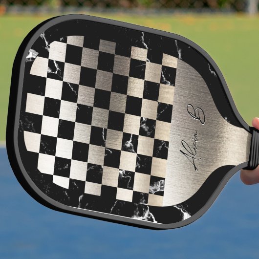Elegant Personalized Steel and Dark Marble Pickleball Schläger