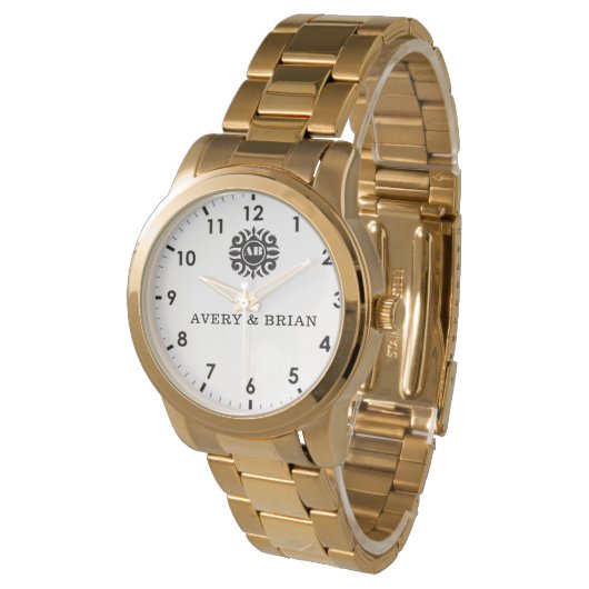 Elegant Personalized White & Black Monogram custom Armbanduhr (Schrägansicht)