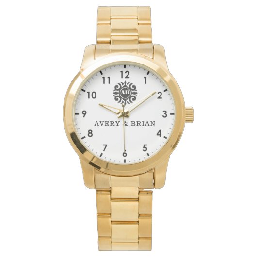 Elegant Personalized White & Black Monogram custom Armbanduhr (Vorderseite)