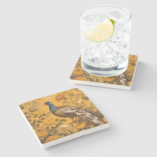 Elegant Pheasant William Morris Inspiriert Steinuntersetzer (Seitenansicht)