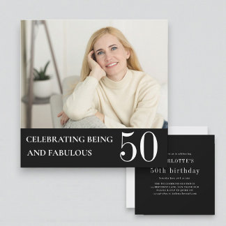 Elegant Photo 50th Birthday Black White Invitation Einladung