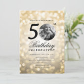 Elegant Photo 50th Birthday Party Gold Bokeh Einladung (Stehend Vorderseite)