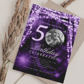 Elegant Photo 50th Birthday Purple Glam Lights Einladung