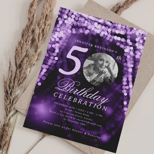 Elegant Photo 50th Birthday Purple Glam Lights Einladung