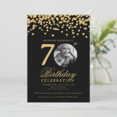 Elegant Photo 70th Birthday Gold Black Confetti Einladung (Stehend Vorderseite)