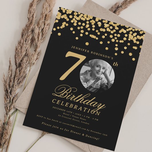 Elegant Photo 70th Birthday Gold Black Confetti Einladung