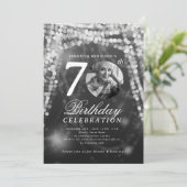 Elegant Photo 70th Birthday Silver Glam Lights Einladung (Stehend Vorderseite)