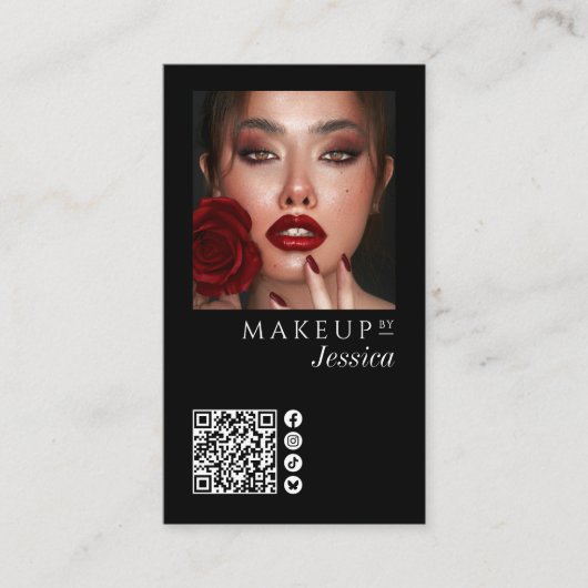 Elegant Photo Black QR Code Social Icons Makeup Visitenkarte (Vorderseite)
