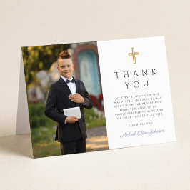 Elegant Photo Boy First Communion Folded Dankeskarte