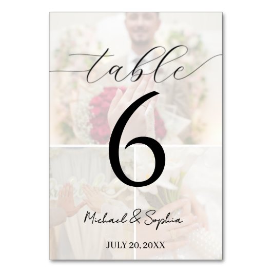 Elegant Photo Collage Wedding Table Number Card Tischnummer (Vorderseite)