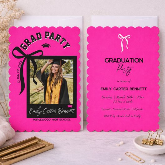 Elegant Photo Coquette Black Pink Bow Graduation  Einladung