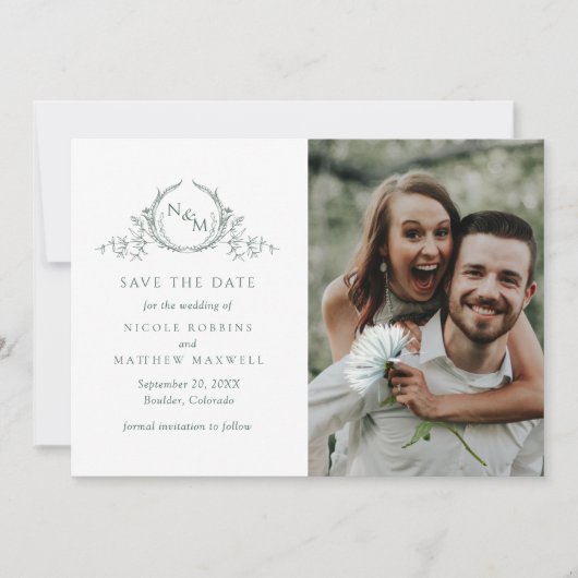 Elegant Photo Green Monogram Wedding Save The Date (Vorderseite)