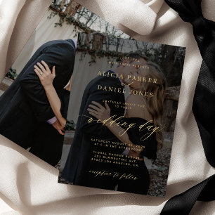 Elegant photo overlay faux gold black wedding einladung