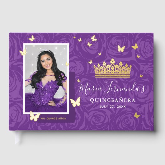 Elegant Photo Purple Quinceanera Real Gold Gästebuch (Vorderseite)