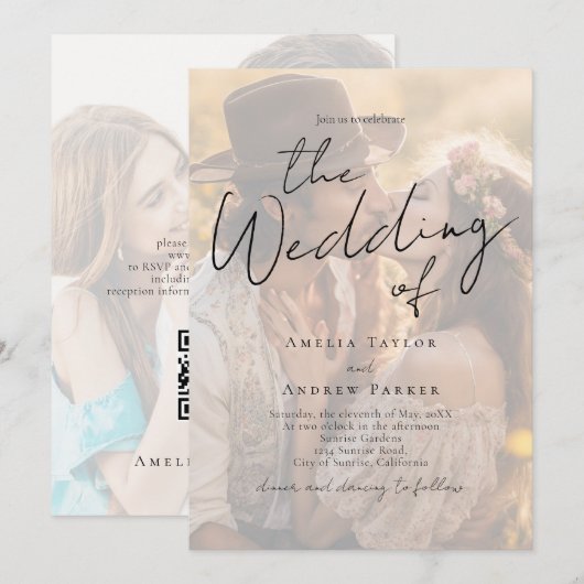 Elegant Photo Script Calligraphy QR Code Wedding Einladung (Vorne/Hinten)