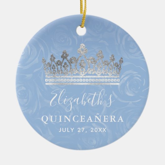 Elegant Photo Silver Light Baby Blue Quinceanera Keramik Ornament (Vorne)