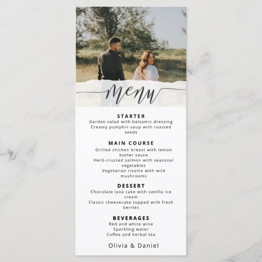 Elegant Photo Wedding Menu with Modern Script Menükarte (Vorderseite)