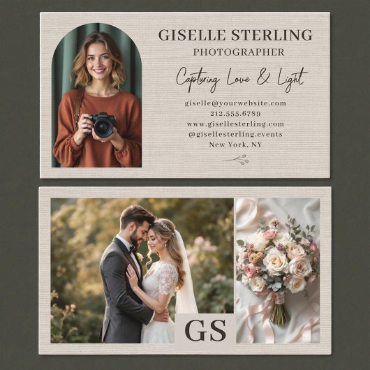 Elegant Photographer Linen Script Professional Visitenkarte
