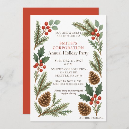 Elegant Pine Berries Corporate Holiday Party  Einladung (Vorne/Hinten)