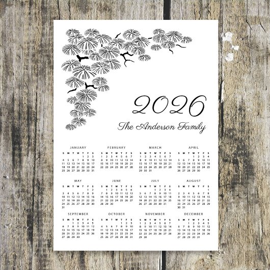 Elegant Pine Branch Botanical Calendar 2026 Magnetkarte