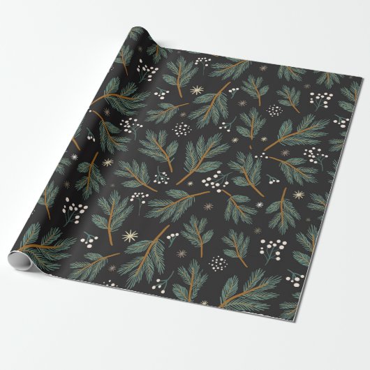 Elegant Pine Branch Christmas Black Geschenkpapier (Ungerollt)