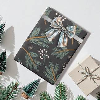 Elegant Pine Branch Christmas Black Geschenkpapier
