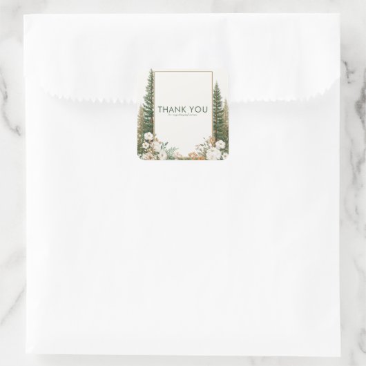 Elegant Pine Tree White Peony Rustic Woodland Quadratischer Aufkleber (Tasche)