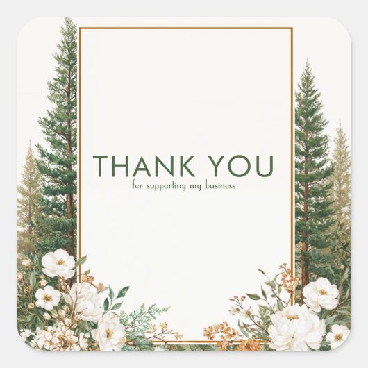 Elegant Pine Tree White Peony Rustic Woodland Quadratischer Aufkleber (Vorderseite)