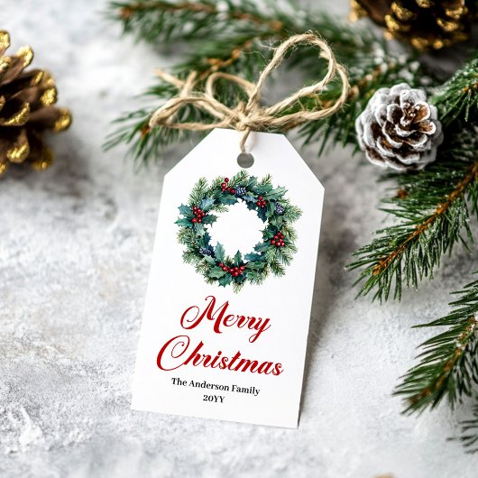 Elegant Pine Wreath Christmas Tag with Name Geschenkanhänger