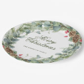 Elegant Pine Wreath Greenery Frohe Weihnachten Pappteller (Schrägansicht)