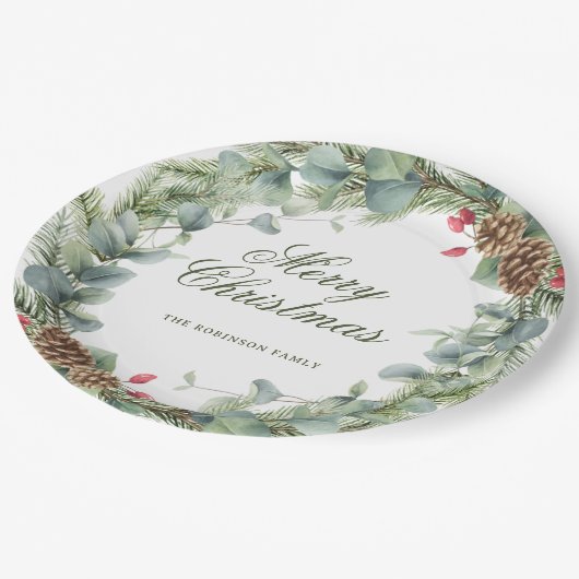Elegant Pine Wreath Greenery Frohe Weihnachten Pappteller (Schrägansicht)