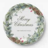 Elegant Pine Wreath Greenery Frohe Weihnachten Pappteller (Vorderseite)