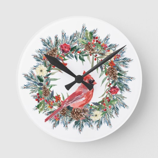 Elegant Pine Wreath Red Cardinal Christmas Runde Wanduhr (Vorderseite)