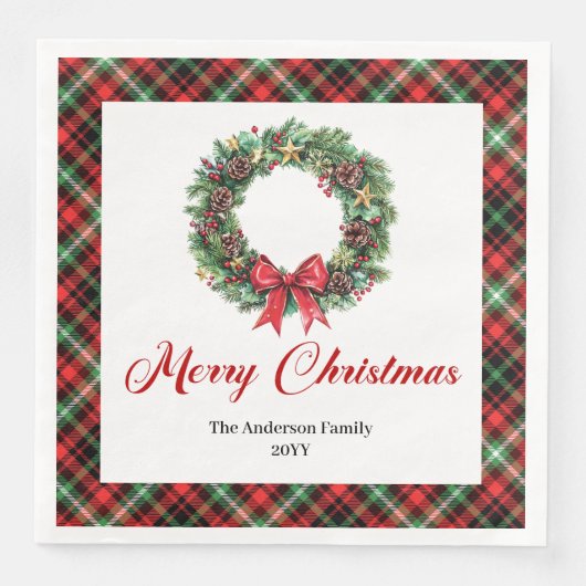 Elegant Pine Wreath Red Green Plaid Napkins Serviette (Vorderseite)