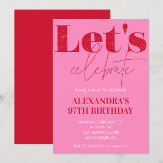 Elegant Pink 97. Geburtstags Einladung Glitzer Gla