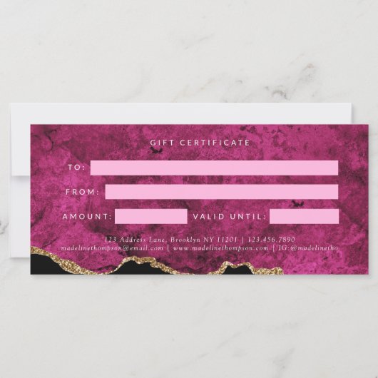 Elegant Pink Agate Gift Certificate Gift Card (Rückseite)