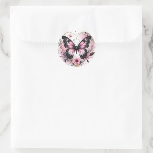 Elegant Pink and Black Butterfly with Heart Art Runder Aufkleber (Tasche)