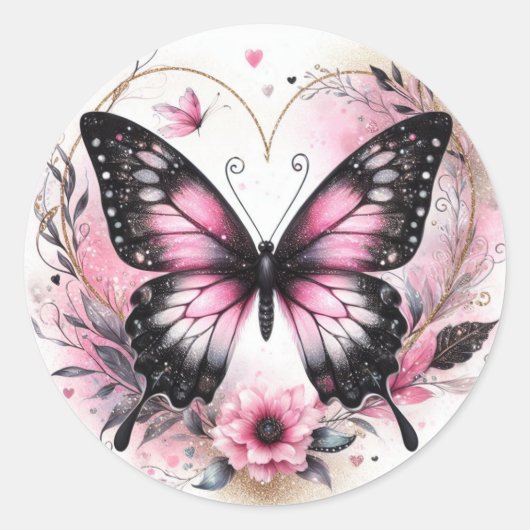 Elegant Pink and Black Butterfly with Heart Art Runder Aufkleber (Vorderseite)