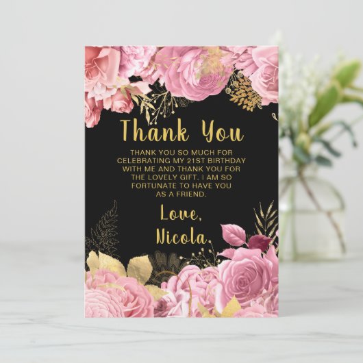 Elegant Pink and Gold Flowers Birthday Party Dankeskarte (Stehend Vorderseite)