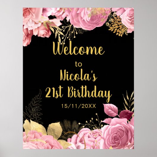 Elegant Pink and Gold Flowers Birthday Party Poster (Vorne)