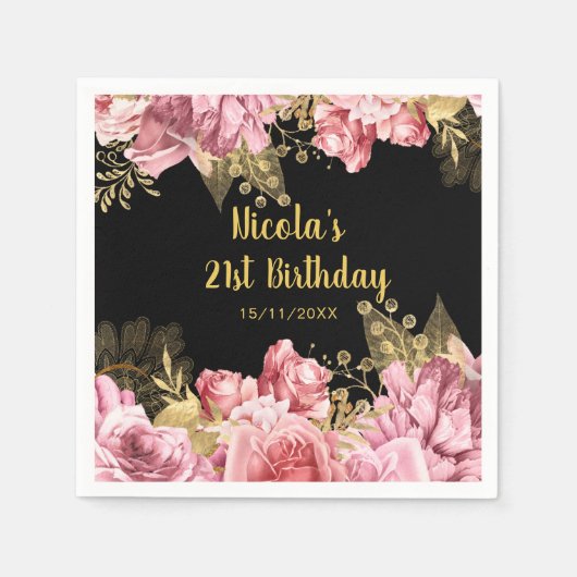 Elegant Pink and Gold Flowers Birthday Party Serviette (Vorderseite)