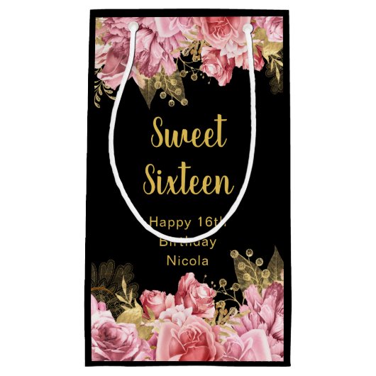 Elegant Pink and Gold Flowers Sweet Sixteen  Kleine Geschenktüte (Vorderseite)