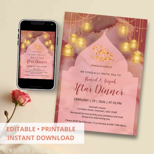 Elegant Pink and Maroon gold Ink Iftar Einladung