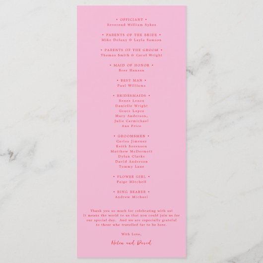 Elegant Pink and Red Classic Wedding Programm (Rückseite)