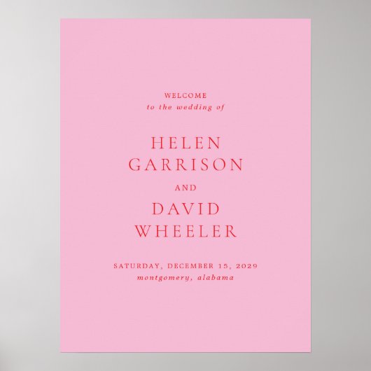 Elegant Pink and Red Classic Wedding Welcome Sign Poster (Vorne)