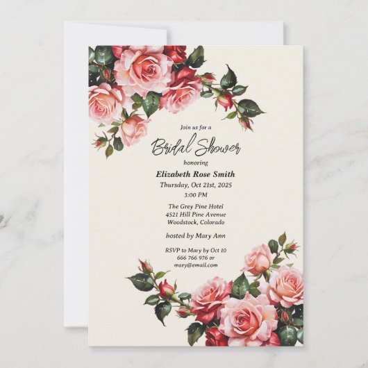 Elegant pink and red roses floral wedding einladung (Vorderseite)