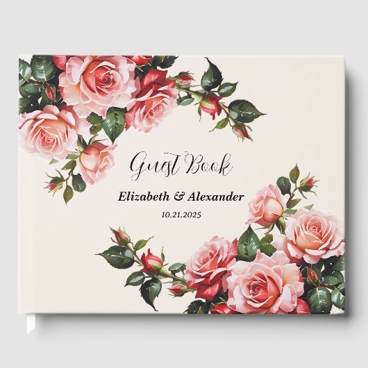 Elegant pink and red roses floral wedding  gästebuch (Vorderseite)